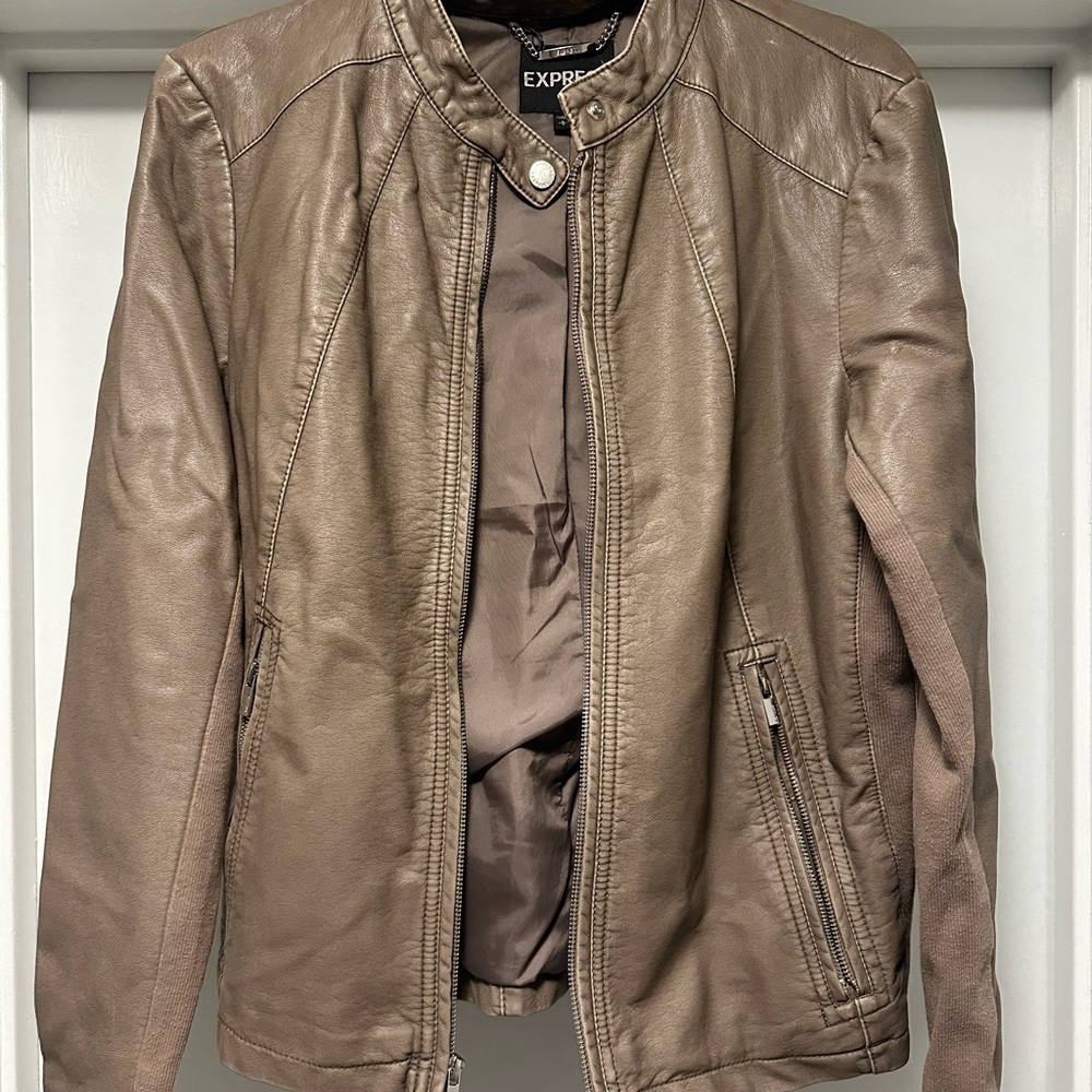 Express Taupe/Brown Faux Leather Moto Jacket